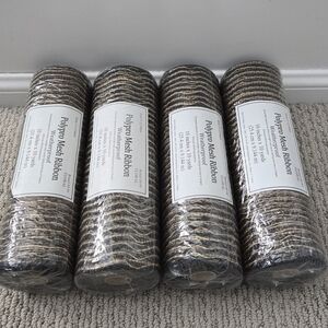LOT OF (4) POLYPRO MESH RIBBON - BLACK AND TAN W/DECORATIVE DESIGN